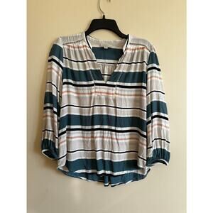 LOFT Outlet Women’s Striped Blouse MP Medium Petite Rayon Split Neck Top